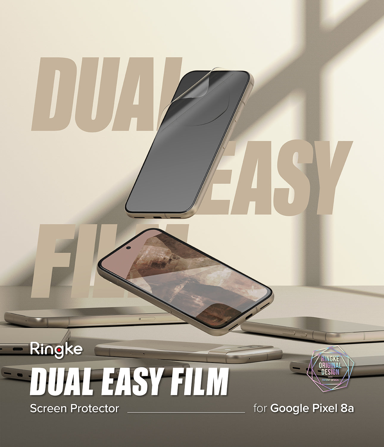 Google Pixel 8a Screen Protector | Dual Easy Film - Floating Pixel 8a phones with screen protectors against beige background.