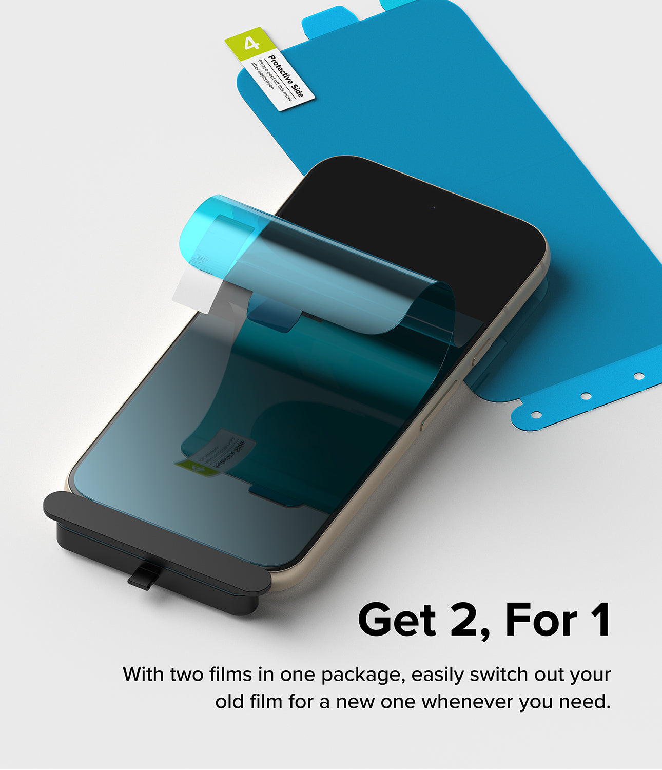 Google Pixel 8a Screen Protector | Dual Easy Film - Applying a blue-tinted screen protector film to a smartphone.