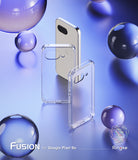 Google Pixel 9a Case | Fusion Matte - Two clear phone cases and a Pixel 9a phone arranged among floating glass spheres.
