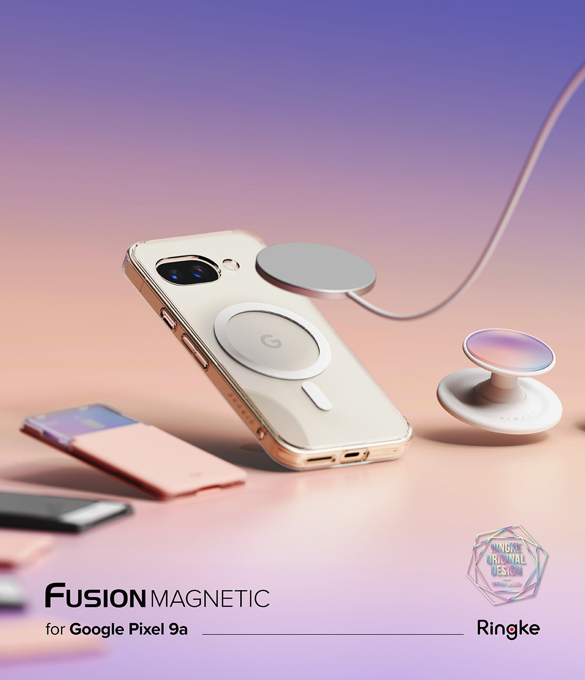 Google Pixel 9a Case | Fusion Magnetic - Clear magnetic phone case floating with a charger and grip on a gradient background.
