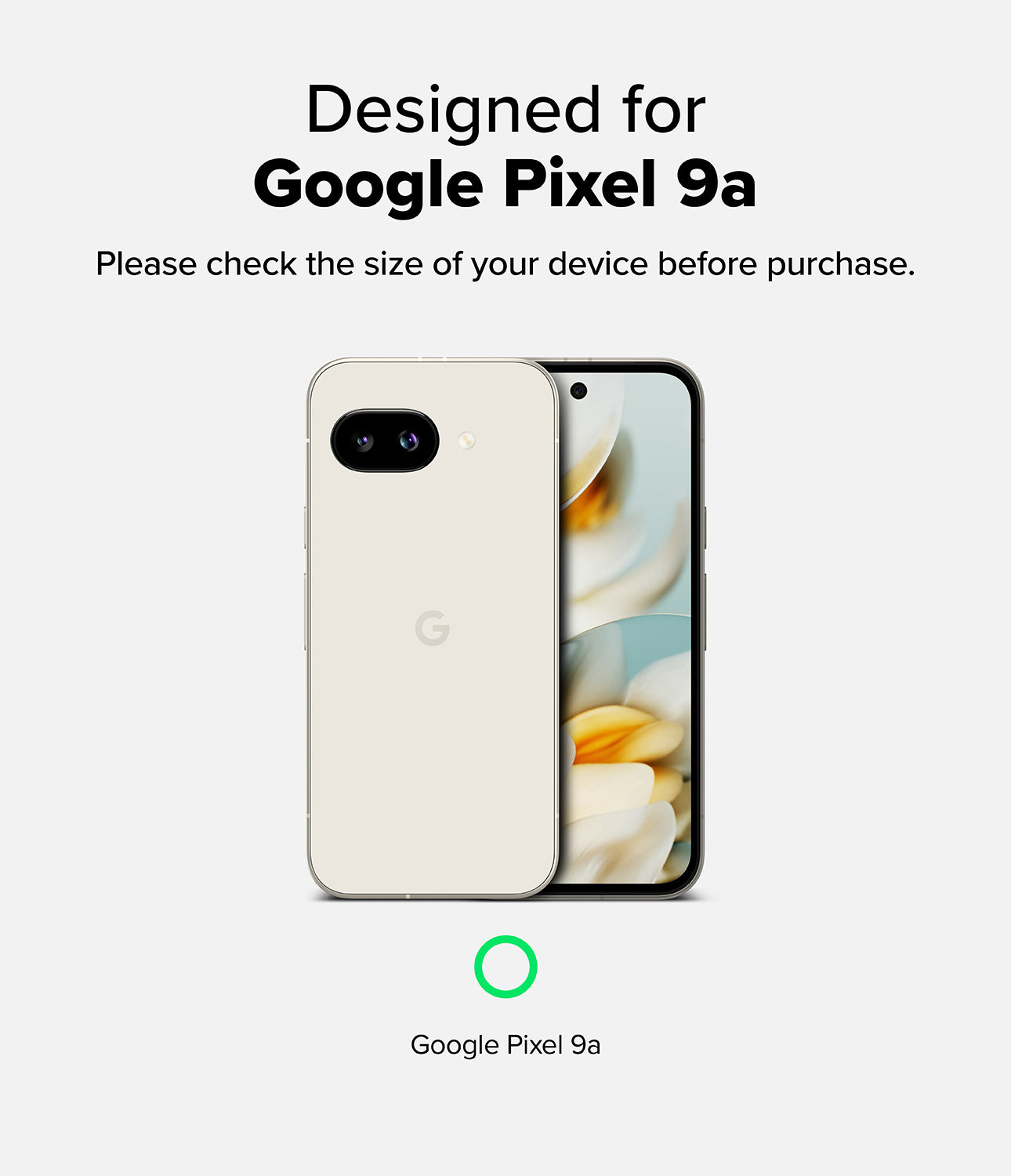 Google Pixel 9a Case | Onyx Magnetic - Cream-colored Pixel 9a phone shown from front and back with text confirming device compatibility.