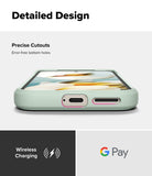 Google Pixel 9a Case | Onyx - Close-up of phone case bottom showing precise cutouts for charging port and speaker, with wireless charging icons.