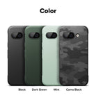Google Pixel 9a Case | Onyx - Four Google Pixel 9a phone cases in black, dark green, mint, and camo black arranged in a row.