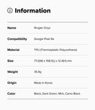 Google Pixel 9a Case | Onyx - Information table listing product name, compatibility, material, size, weight, origin, and colors.