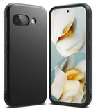 Google Pixel 9a Case | Onyx - Matte black protective phone case shown from back and front with a floral wallpaper display.