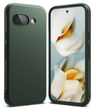 Google Pixel 9a Case | Onyx - Matte dark green phone case shown from back and front with a floral wallpaper on the screen.