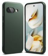 Google Pixel 9a Case | Onyx - Matte dark green phone case shown from back and front with a floral wallpaper on the screen.