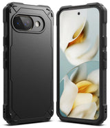 Google Pixel 9a Case | Rugged Gear - Black rugged protective case shown from back and front with floral screen display.