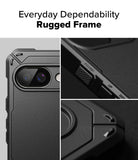 Google Pixel 9a Case | Rugged Gear - Close-up views of a black rugged phone case highlighting textured buttons and camera.