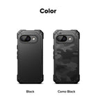 Google Pixel 9a Case | Rugged Gear - Two rugged phone cases in solid black and camo black side-by-side on a white background.