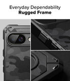 Google Pixel 9a Case | Rugged Gear - Close-up views of a black rugged phone case with textured buttons and camo pattern.