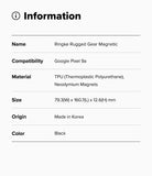 Google Pixel 9a Case | Rugged Gear Magnetic - Information table listing product specs for the black TPU phone case.