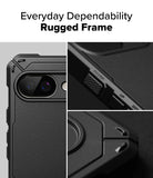 Google Pixel 9a Case | Rugged Gear Magnetic - Close-up of a black rugged phone case showing textured buttons and corners.