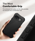 Google Pixel 9a Case | Rugged Gear Magnetic - Hand holding a black rugged phone case with textured side grip details.