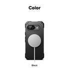 Google Pixel 9a Case | Rugged Gear Magnetic - Black rugged phone case with a magnetic charging puck attached.