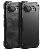 Google Pixel 9a Case | Rugged Gear - Two black rugged phone cases, one with a camo pattern and one solid, showing camera cutouts.