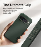 Google Pixel 9 Pro XL Case | Onyx - Hand holding a dark green phone case with a textured micro-dot side grip pattern.