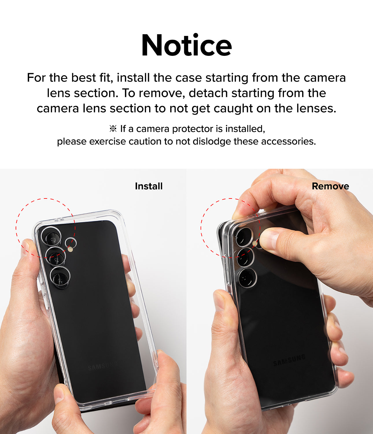 Google Pixel 9 Pro XL Case | Onyx - Instructions showing hands installing and removing a phone case starting at the camera.
