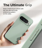 Google Pixel 9 Pro XL Case | Onyx - Hand holding a sage green phone case showing the camera bar and side micro-dot grip texture.