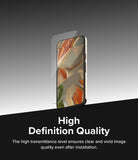 Google Pixel 9 Pro XL Screen Protector | Easy Slide Tempered Glass - Google Pixel 9 Pro XL Screen Protector - Tempered glass hovering over a smartphone screen showing vivid colors.