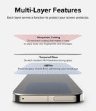 Google Pixel 9 Pro XL Screen Protector | Easy Slide Tempered Glass - Google Pixel 9 Pro XL Screen Protector - Exploded view showing oleophobic coating, tempered glass, and AB film layers.