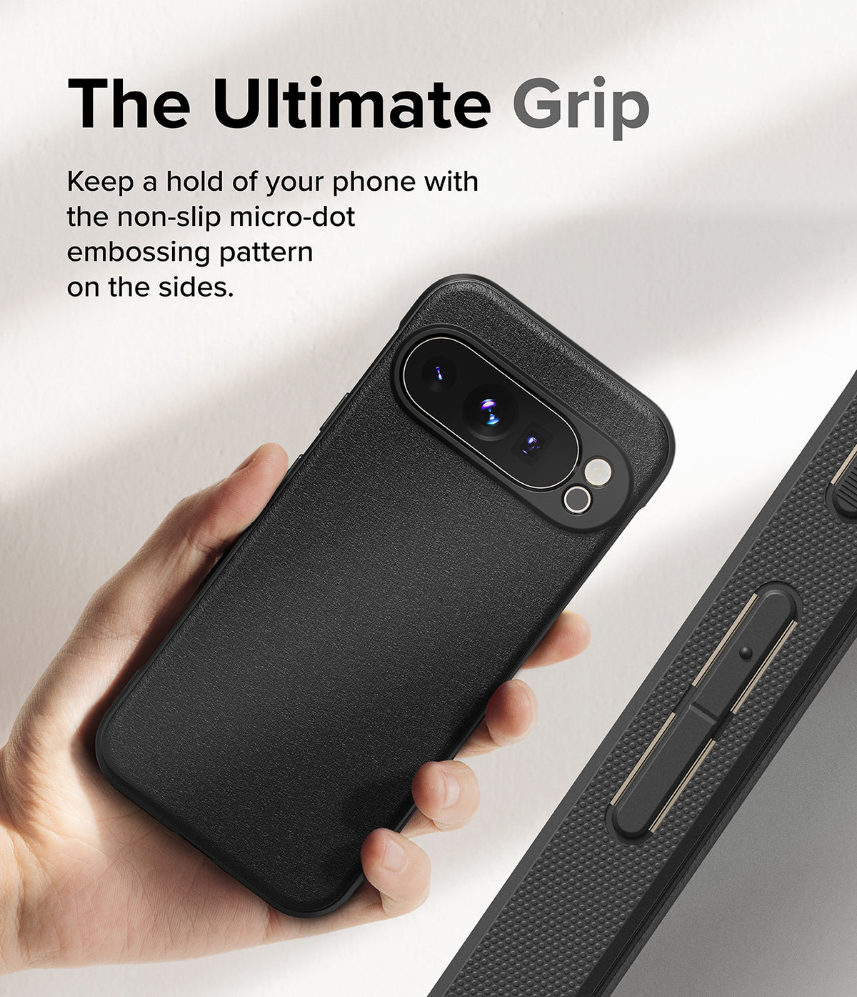 Google Pixel 9 Pro Case | Onyx - Hand holding a black textured phone case with micro-dot side grip detail.
