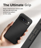 Google Pixel 9 Pro Case | Onyx - Hand holding a black textured phone case with micro-dot side grip detail.