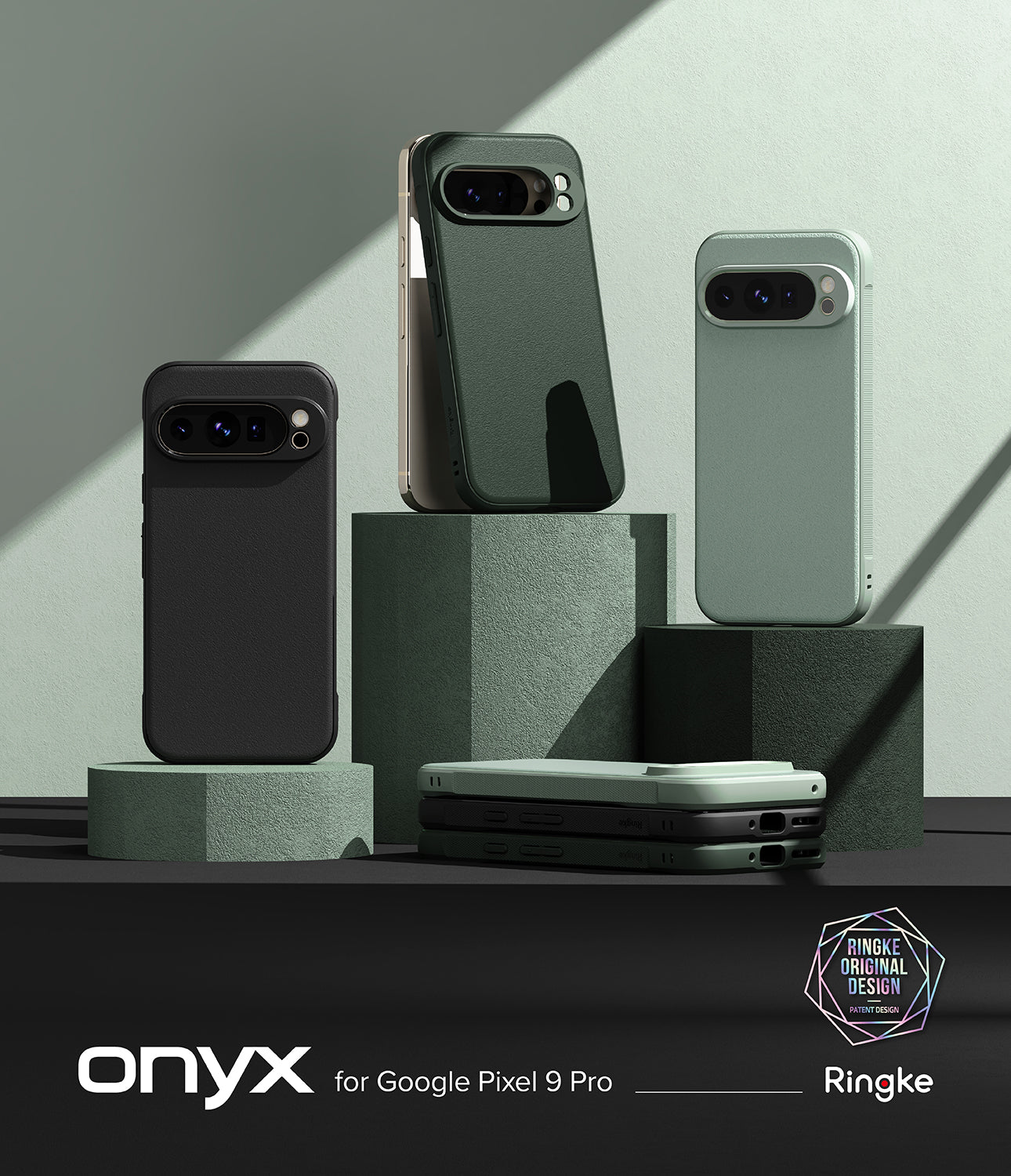 Google Pixel 9 Pro Case | Onyx - Three textured phone cases in black, green, and light gray displayed on geometric blocks.