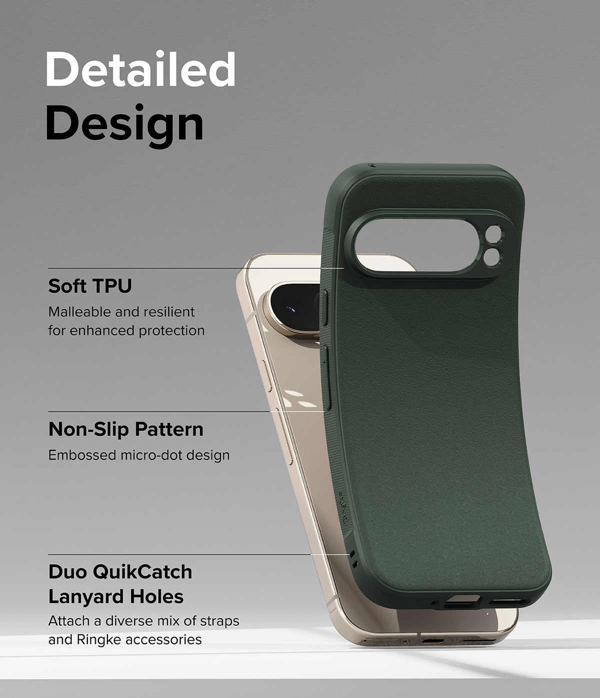 Google Pixel 9 Pro Case | Onyx - Dark green phone case showing TPU material, micro-dot texture, and lanyard holes.