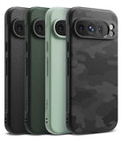 Google Pixel 9 Pro Case | Onyx - Four Google Pixel 9 Pro cases in black, green, mint, and black camo, showing camera cutouts.