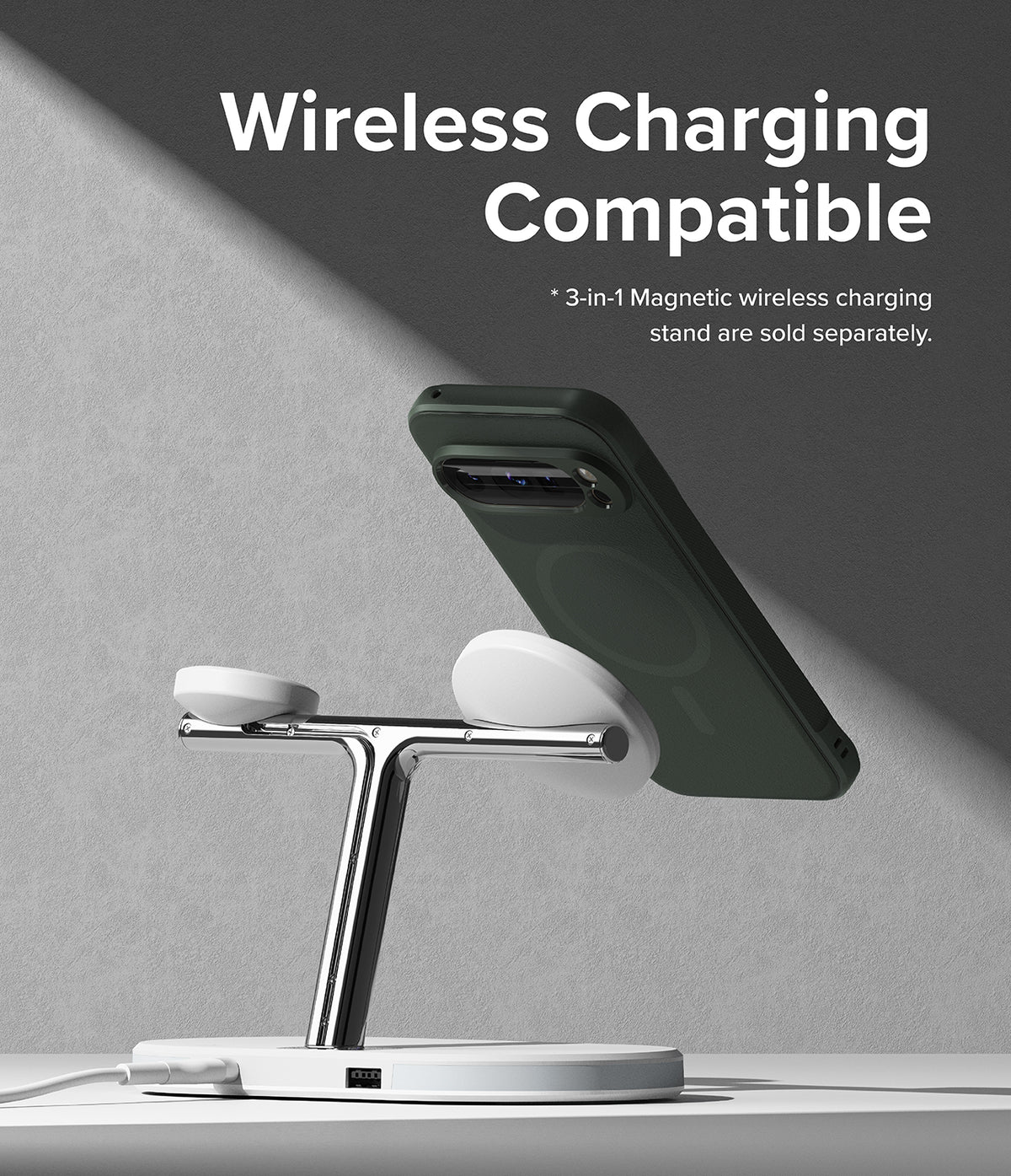 Google Pixel 9 Pro Case | Onyx Magnetic - Dark green phone case attached to a chrome 3-in-1 magnetic wireless charger.