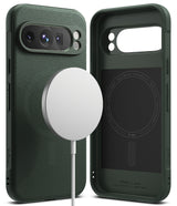 Google Pixel 9 Pro Case | Onyx Magnetic - Dark green phone case with magnetic charging ring and interior branding.