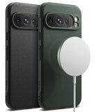 Google Pixel 9 Pro Case | Onyx Magnetic - Black and green textured phone cases with magnetic charging pucks.