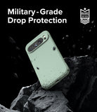 Google Pixel 9 Pro Case | Onyx - A light green phone case floating above a dark rock with debris and military-grade protection text.