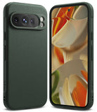 Google Pixel 9 Pro Case | Onyx - Dark green textured phone case shown from the back and front with an abstract wallpaper.