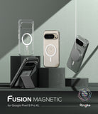 Google Pixel 9 Pro XL Case | Fusion Magnetic - Three clear magnetic phone cases displayed on dark geometric pedestals.