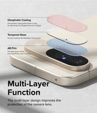 Google Pixel 9 | Camera Glass - Exploded view of a multi-layer camera lens protector on a smartphone.