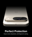 Google Pixel 9 | Camera Glass - Close-up of a phone camera lens protector showing a fingerprint being wiped away.