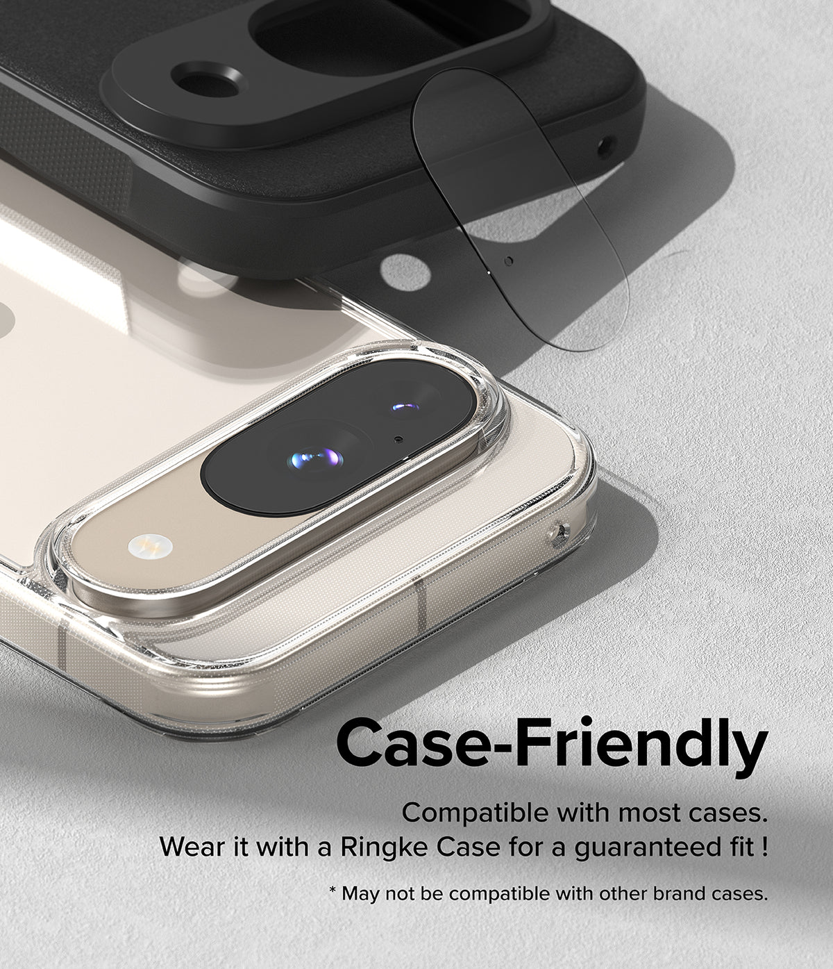 Google Pixel 9 | Camera Glass - A clear camera lens protector hovering above a phone case on a Pixel 9 device.