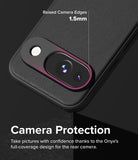 Google Pixel 9 Case | Onyx - Close-up of a black phone case highlighting 1.5mm raised edges around the camera lens for protection.