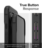 Google Pixel 9 Case | Onyx - Close-up of black phone case buttons with notch-cutouts and fine aperture lines for tactile feel.
