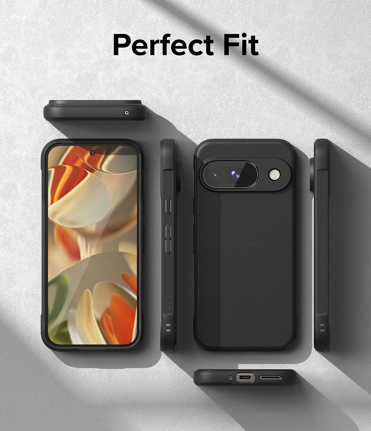 Google Pixel 9 Case | Onyx - Multiple views of a black phone case showing front, back, and side profiles on a gray surface.