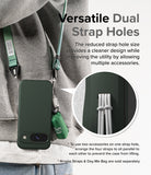 Google Pixel 9 Case | Onyx - Dark green phone case with dual strap holes, worn with a green lanyard and small accessory bag.