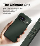 Google Pixel 9 Case | Onyx - Hand holding a dark green phone case with a textured micro-dot side grip and camera cutout.