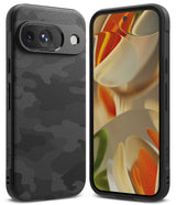 Google Pixel 9 Case | Onyx - Black textured camouflage phone case shown from the back and front with a colorful screen.