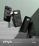 Google Pixel 9 Case | Onyx - Multiple black camouflage-patterned phone cases floating above stacked grey blocks.