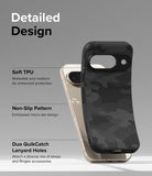 Google Pixel 9 Case | Onyx - Black camo phone case with TPU, non-slip texture, and lanyard holes labeled on a smartphone.