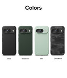 Google Pixel 9 Case | Onyx - Four Google Pixel 9 phone cases in black, dark green, mint, and camo black arranged in a row.