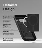 Google Pixel 9 Case | Onyx Magnetic - Diagram showing polycarbonate, neodymium magnet, soft TPU, and lanyard hole features.