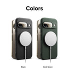 Google Pixel 9 Case | Onyx Magnetic - Two Google Pixel 9 phones in black and dark green cases with magnetic chargers.